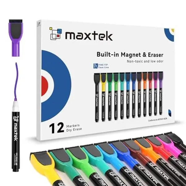 maxtek Magnetic Whiteboard Markers - 12 Count Colorful Fine Tip Dry Erase Markers with Eraser for Kids, Low Odor Thin Markers for Calendar Boards