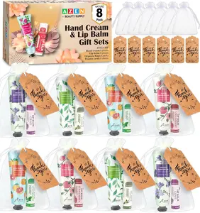 AZEN 8 Sets Bulk Gifts, Hand Cream and Lip Balm Bulk Set with Organza Bag Thank You Card, Baby Shower Wedding Gift for Guests, Bridal Wedding Favors for Guests, Mothers Day Gifts Stocking Stuffers