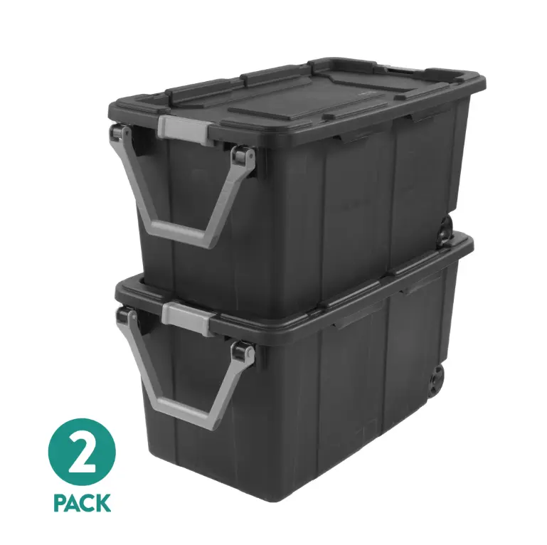 Extra-Large Wheeled Industrial Storage Bin, 40 Gallon Durable Plastic Storage Tote with Latching Lid and Pull Handle, Dark Gray, 2 Pack