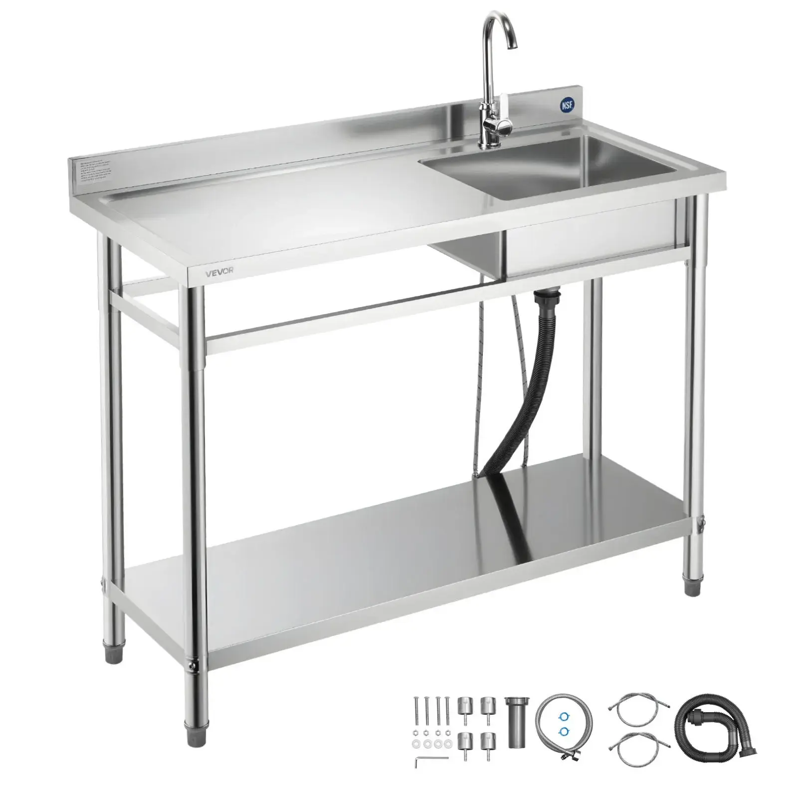 【Summerfinds】VEVOR Commercial Rectangle Stainless Steel Outdoor Kitchen Sink, Durable Rustproof Free-Standing Single Left Basin Workbench, Faucet, Adjustable Shelf, Hot & Cold Pipe, Anti-Clog Drain, 47x19.7x37in, Patio Garage Use, Buffet