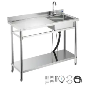 VEVOR Stainless Steel Utility Sink, Free Standing Single Bowl Commercial Kitchen Sink with Faucet, Utility Left Basin Workbench with Hot & Cold Water Pipe for Garage Restaurant Laundry, 47x19.7x37 in