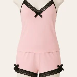 Cami 2 Piece Milk Silk Pajama Set with Deep V Halter Top and Lace Shorts, Womenswear, leopard print,pink and velvet