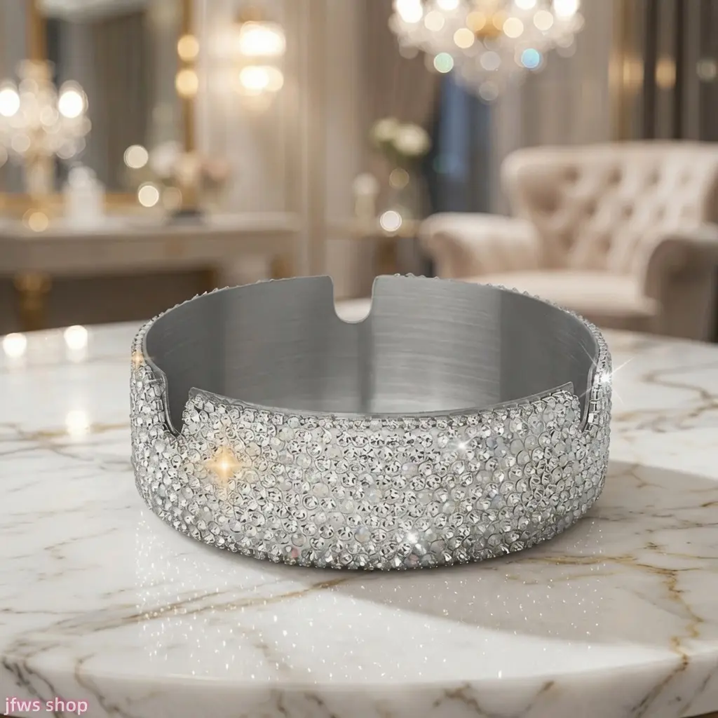New Multi Function Stainless Steel Ashtray With Rhinestone Decor For Home Office Creative Light Luxury Design Smooth Finish Durable Easy Clean Personal Smoking Accessory Elegant Desk Decor Practical Gift For Smokers US Design homedecor