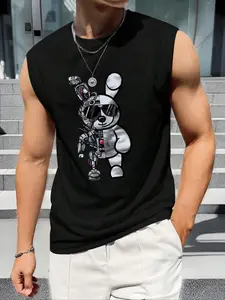 Men's Cartoon Bear Print Round Neck Knitted Stretch Tank Top, Regular Fit Casual Sleeveless Crew Neck Top for Summer, Fashion Men's Clothes for Daily Wear Apparel