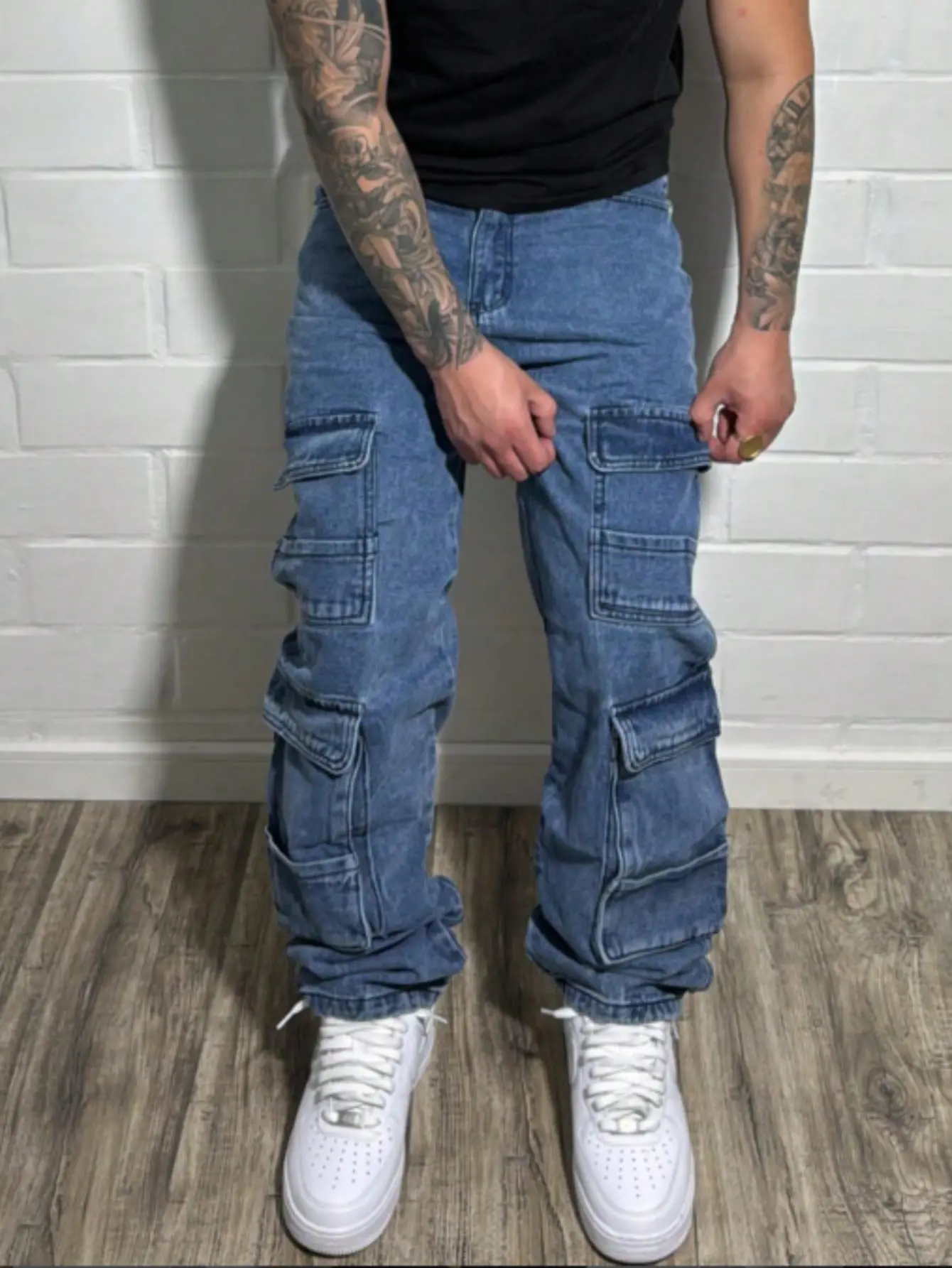 SRETOUU Men’s Multi-Pocket Cargo Jeans High Street Fashion Casual Loose Straight-Leg Wide-Leg Denim Street Style Pants Streetwear Menswear