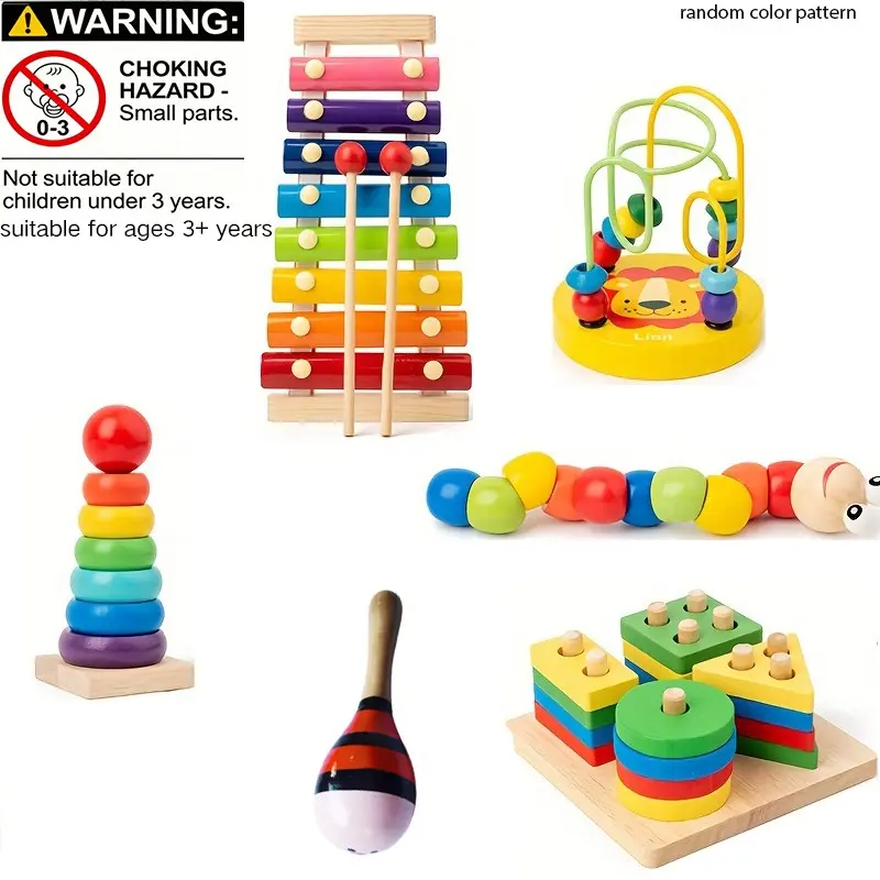Wooden Montessori Toy Set, Multi Activity Playset, Early Education Kit for Kids, Cognitive & Music Learning, Teaching Aids, Christmas Gift, Unisex, Rainbow Stacking Blocks, Shape Sorting Game