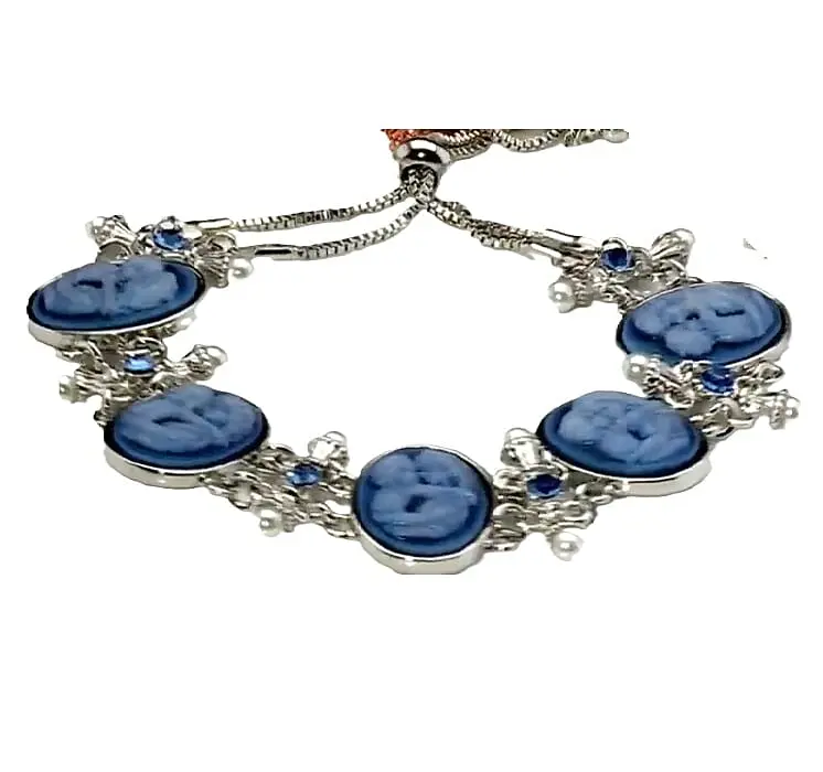 Blue Cameo, Resin and Blue Austrian Crystal Bolo Bracelet in Silvertone (7.5-9In)