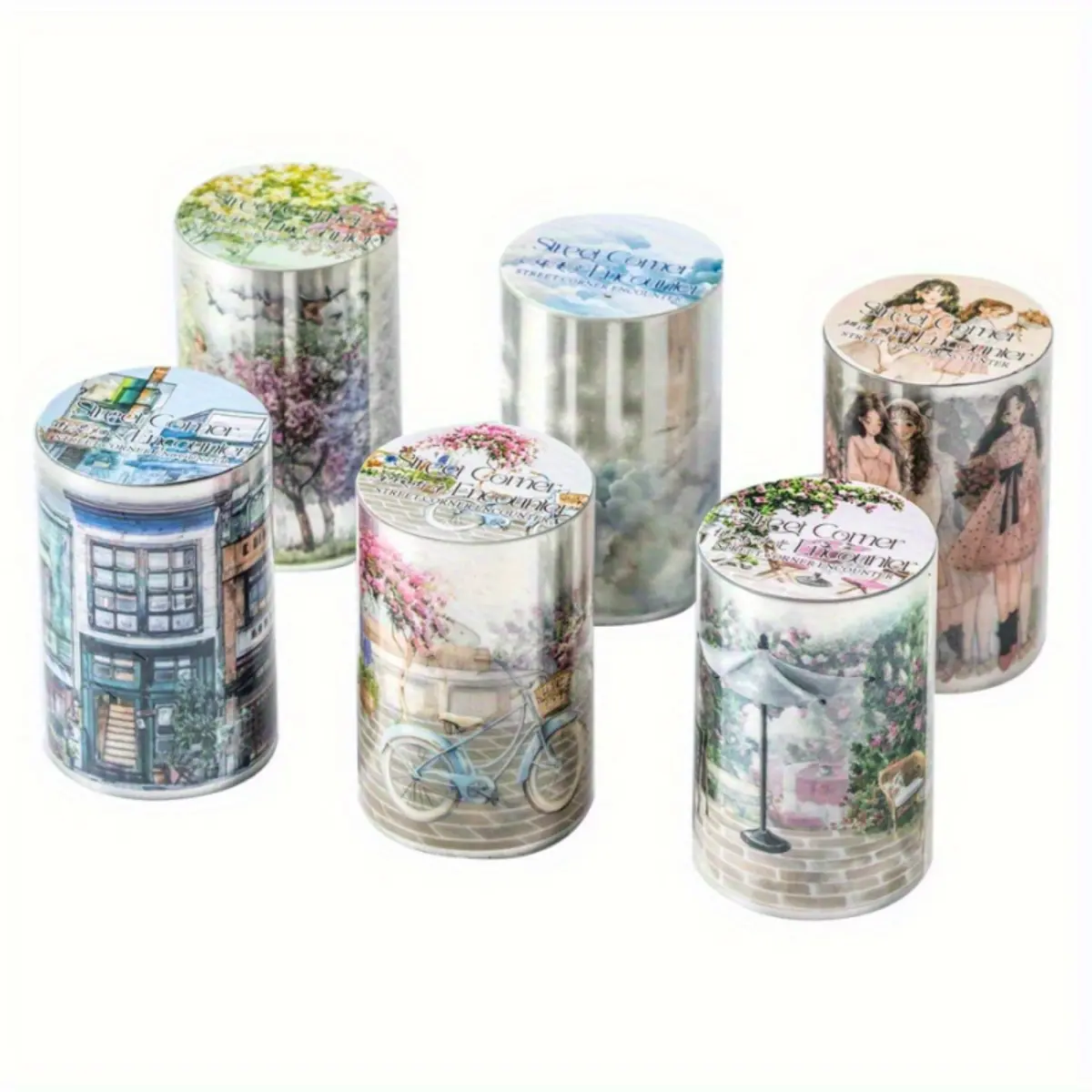 Retro PET Water Resistant DIY Sticker Tape Packs - 6 Types, 12m Seamless Tape with Clouds, Trees, Streets, Roadsides, Vehicles, Simple Girl Themes for Notebook Decoration, Scrapbooking