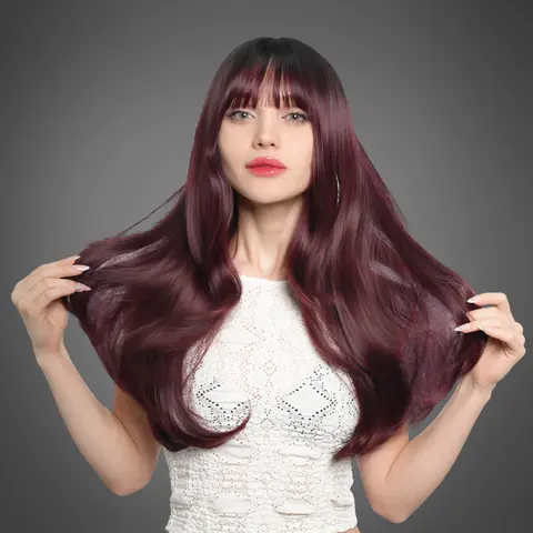 25-Inch Dark Cherry Burgundy (Black Roots) Natural Undone Waves Synthetic Wig | 【Heat Resistant】 【Cap Included】 | #41FSGA