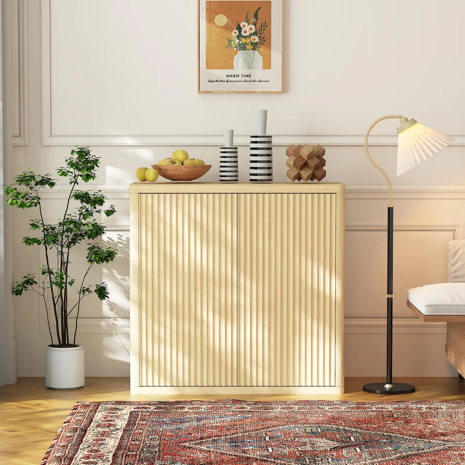34.6'' Buffet Cabinet, 3-Tier Sideboard Cabinet with Double Fluted Doors and Adjustable Shelves, Modern Coffee Bar Table for Kitchen, Dining Room, Living Room, Corridor
