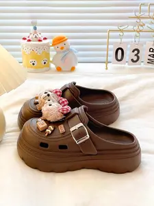 Spring Cute Cartoon Thick Sole Hole Shoes for Women, Detachable Plush Bear Decoration Sandals, 5cm Height Increase, Eva Non-Slip Slippers
