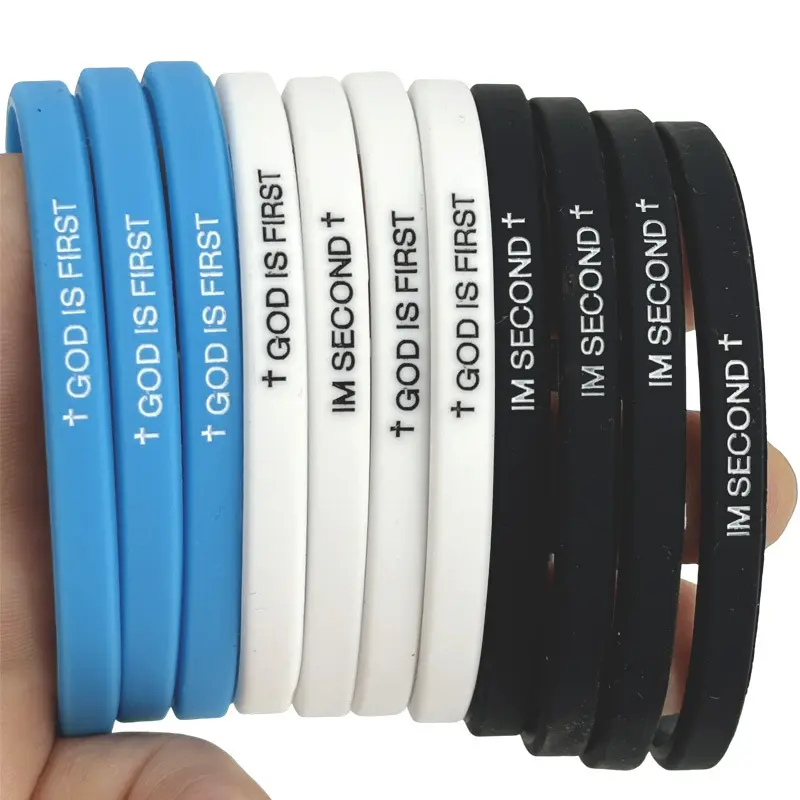 3-Pack Silicone Bracelets for Men & Women, Casual Faith Reminder with Engraved Letter, 5mm Sweat-Resistant Bracelet Stack, Stretch Fit, 7.5" Circumference, Blue/White/Black