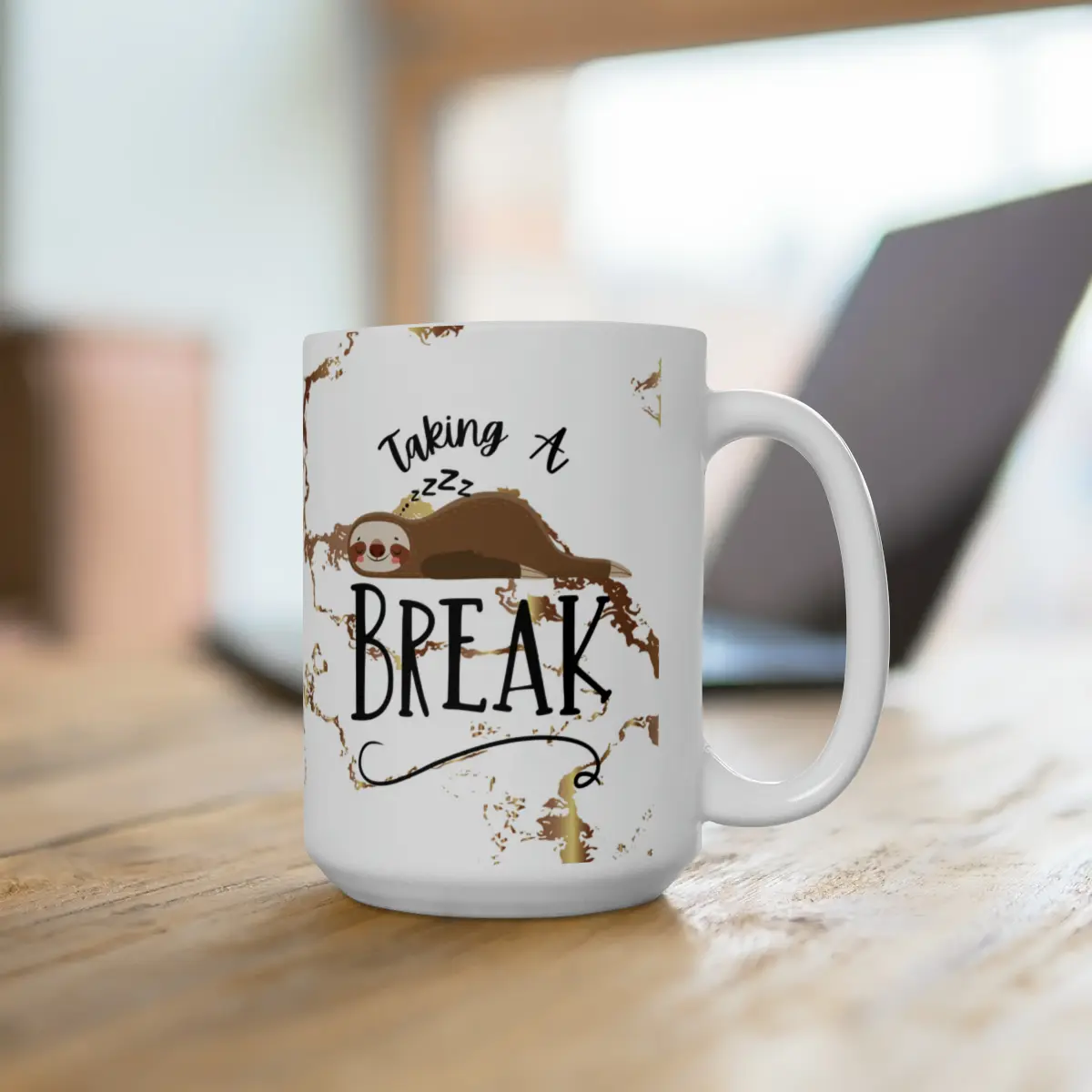 Sleeping Sloth White Ceramic Mug 15oz, Take a Break, Relaxing Mug, Gift, Animal Lovers, Tea Mug, Coffee Mug, Marble Mug, Lazy Days, Colorful