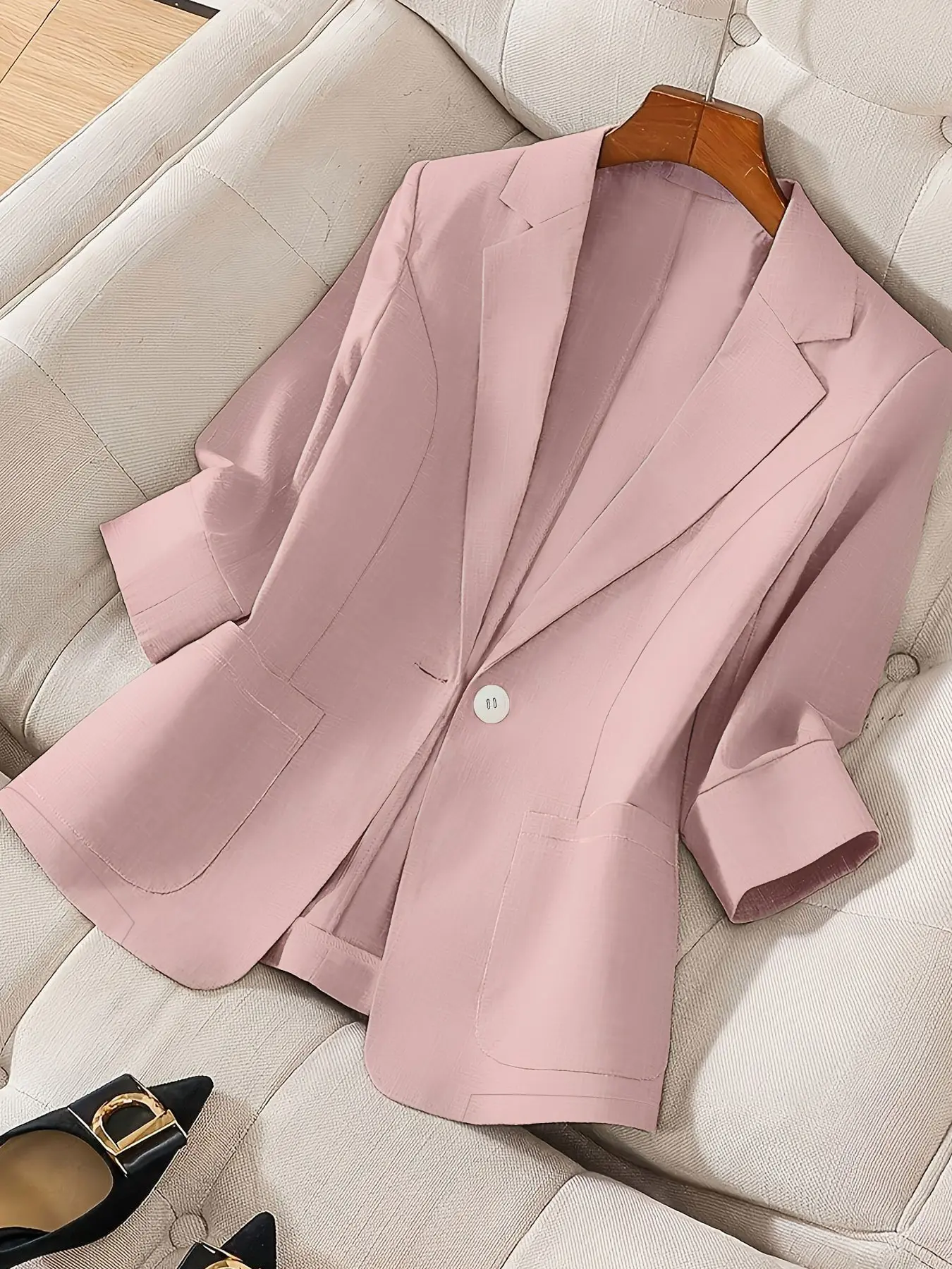 Plus Size Women's Plain Thin Elegant Office Wear Chic Minimalist Fashion Fitted Blazer Jacket, Seven-Quarter Sleeve Classic Lapel Double Pocket Design, Suitable for Spring Summer Daily Commute Outdoor Wear