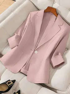 Women's Plain Thin Elegant Chic Fitted Fashion Jacket, Seven-Quarter Sleeve Classic Suit Collar Dual Pocket Design, Suitable for Spring Summer, Daily Commute Outdoor Wear