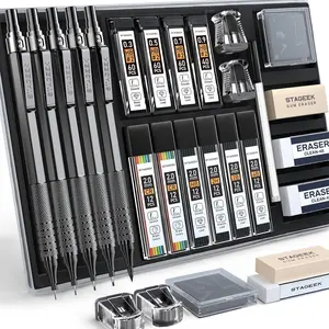 STASGEEK 21PCS Metal Mechanical Pencil Set, Art Lead Pencil 0.3, 0.5, 0.7, 0.9, 2mm Lead Holder(HB 2H 2B 4B Color) with 10 Tubes Graphite Lead Refills Eraser with Case for Drafting Drawing Sketching