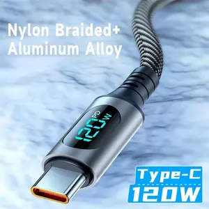 6A 120W USB A to Type C Super Fast Charging Cable With Led Digital Display for Xiaomi Redmi POCO Samsung Nylon Braided Data Cord
