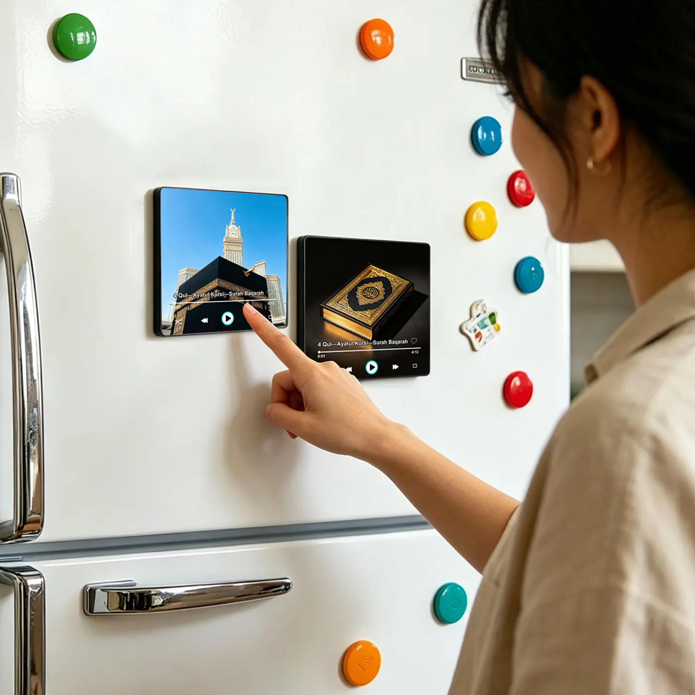 Acrylic Islamic Quran Player Fridge Magnet with Bluetooth Speaker, Wireless Surah Recitation Audio, Mini Magnetic Music Box for Kitchen, Anniversary Gifts for Family, Compatible with Smartphones or Tablets, Spiritual Ramadan/Eid Decor, Enjoy Your Favorite