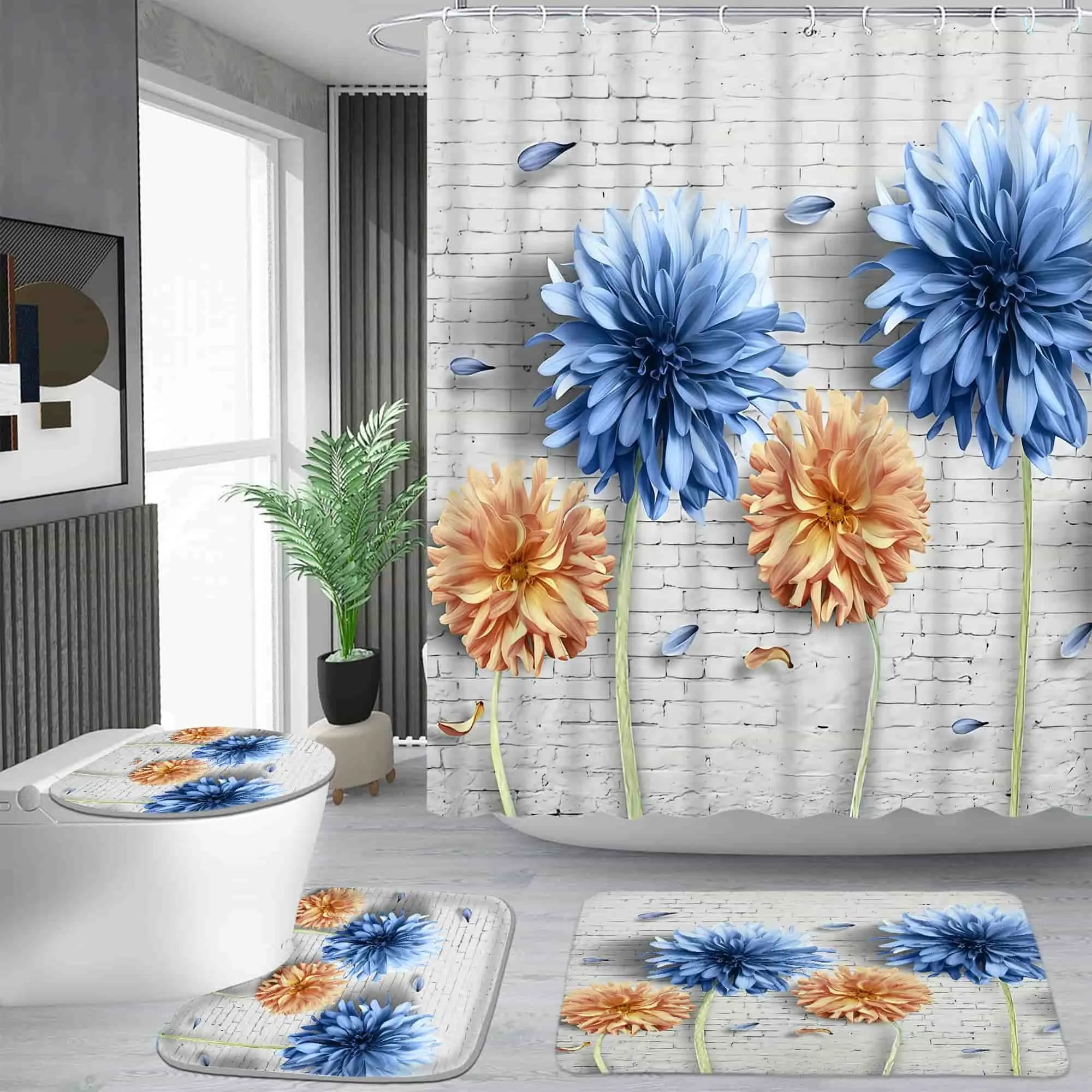Blue-orange dahlia brick wall pattern shower curtain set, waterproof shower curtain with 12 hooks, non-slip bathroom carpet, toilet U-shaped cushion, toilet seat cover cushion, bathroom shower curtain set, perfect moving gift.