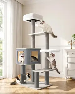 [On Sale] purrlato 60 Inch Premium Solid Wood Cat Tree Tower, Heavy Duty Aesthetic Industrial Modern Cat Furniture with FBA 3-Day Delivery, Extra Large Top Perch, Scratching Posts and Spacious Cat Condos