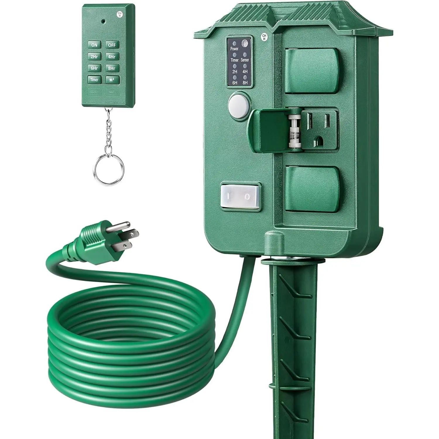 Outdoor Power Stake Timer, 6 Grounded Outlets, 6FT Extension Cord, 100FT Remote Control, Photocell Dusk to Dawn Timer for Halloween/Christmas Lights, Garden, UL Listed