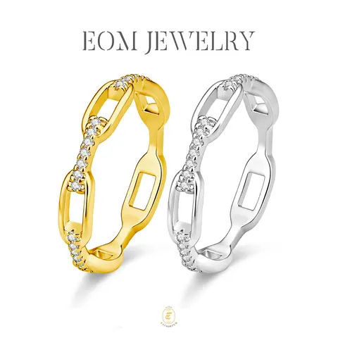 EOM 14K Gold Plated Moissanite Waterproof Hip Hop Unisex Chained Ring Silver-Plated Jewelry Perfect Birthday Engagement Wedding Anniversary Gift for Men Women