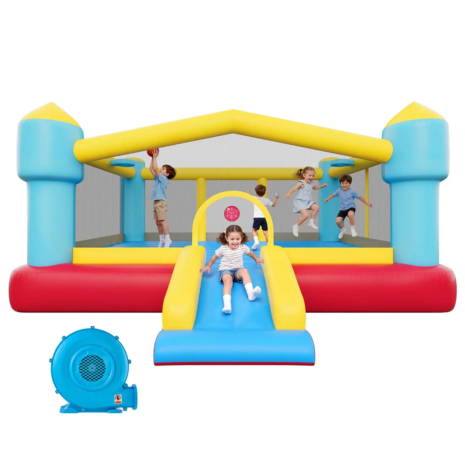 VEVOR Portable Inflatable Slide Playground for Kids, 14.7x13.8x6.8 ft Sports PVC-Oxford Cloth Outdoor Play Set, 3-4 Kids (Ages 3-8), 353 lbs Weight Limit, Slide, Basketball Hoop, Target Game, Jumping Area, Quick Repair Patch, Construction, Qu#BacktoSchool