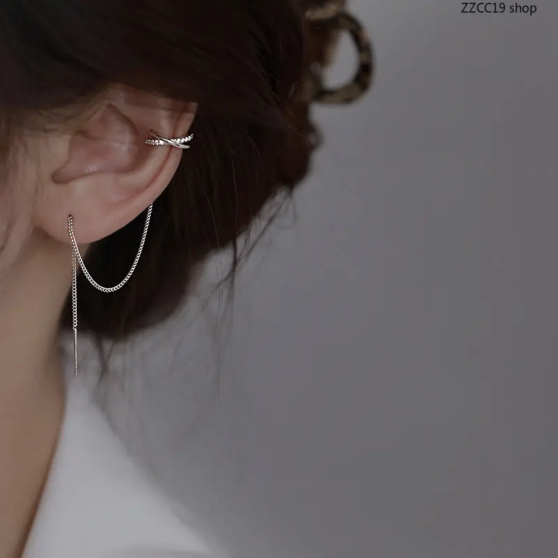 2-in-1 Ear Cuff & Threader Earrings - One Piercing Creates Layered Ear Look, Sparkling Rhinestone Accents