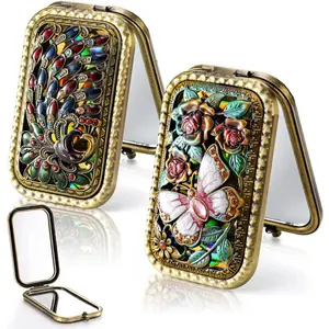 2 count  Foldable Makeup Mirror, Portable  Pocket Mirror, Double Sided Butterfly Peacock Vanity Mirror, Metal Compact Small Folding Travel Mirror for Woman