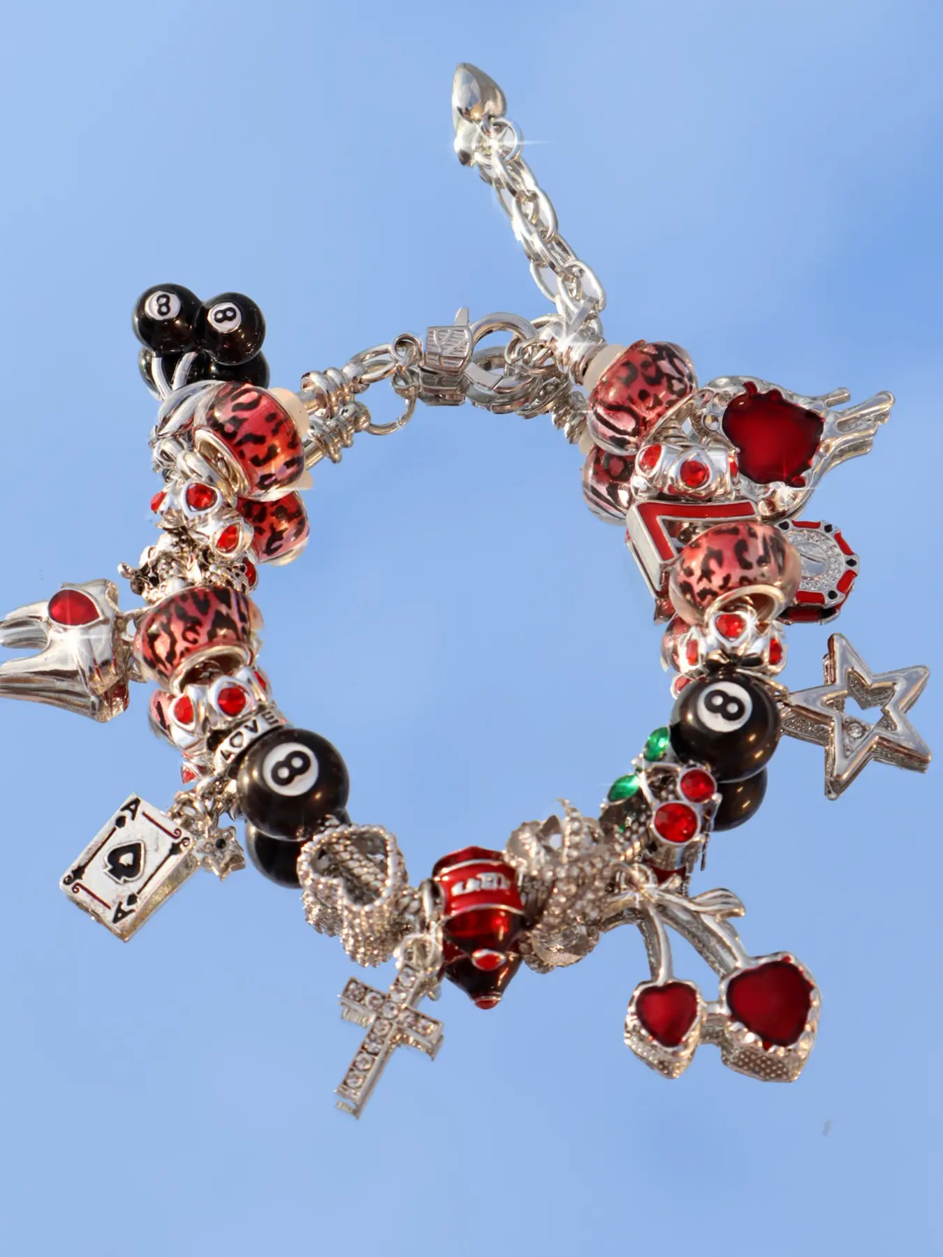 Leopard Print Gothic Cherry Charm Bracelet, 8 Ball Cherry Bracelet, Star Girl Bracelet, Lucky Number 777 Bracelet, Dark Gothic Cherry Tooth Bracelet, Stackable Bracelets, Bracelet with Pendant, Bracelet Jewelry, Alloy Chain Bracelet