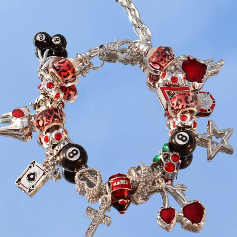 Leopard Print Gothic Cherry Charm Bracelet, 8 Ball Cherry Bracelet, Star Girl Bracelet, Lucky Number 777 Bracelet, Dark Gothic Cherry Tooth Bracelet, Stackable Bracelets, Bracelet with Pendant, Bracelet Jewelry, Alloy Chain Bracelet