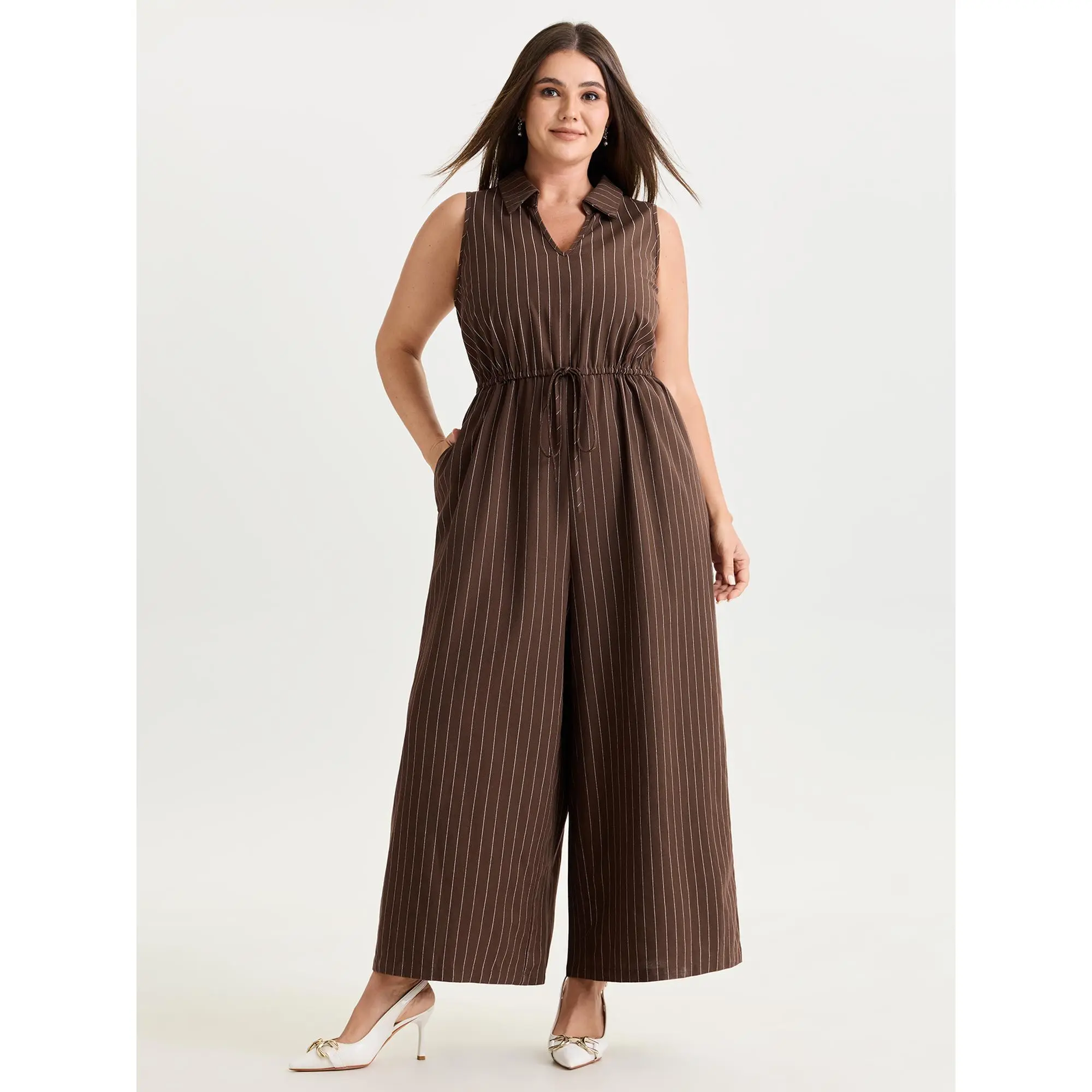 BloomChic Women's Plus Size Soft Overalls - Breathable Striped Cotton Linen Fabric Jumpsuits, Sleeveless Summer Outfit with Waist Tie, Pockets, Comfortable Fit, Everyday Wear; Do Not Tumble Dry, Casual