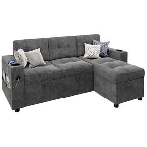 Dark gray 84 Inch L-Shaped Sleeper Sofa - Sectional Couch with Pull Out Mattress - Dual Storage Armrests Cup Holders - Space Saving Design