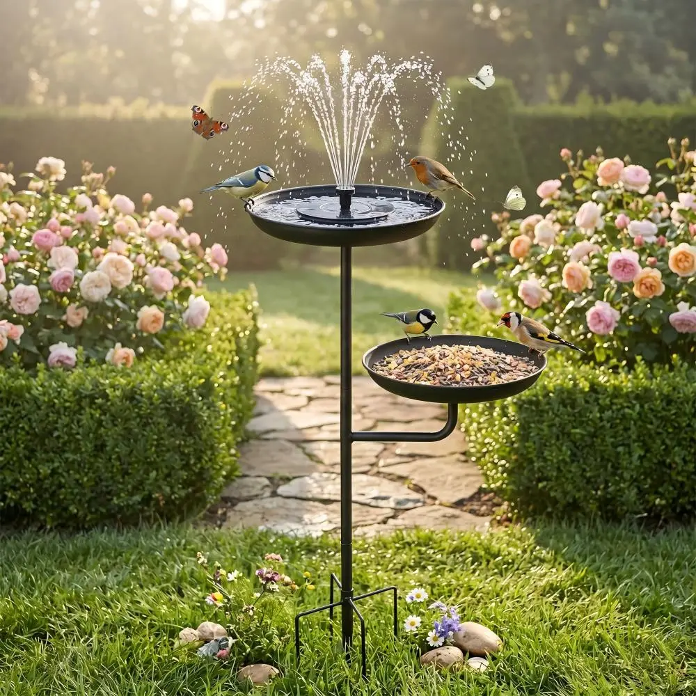Solar-Powered Dual-Purpose Iron Bird Bath, Heavy-Duty Double-Layer Design, Large-Capacity Water Collection Feeding Basin, Eco-Friendly Courtyard Decoration for Pool and Rockery Landscapes