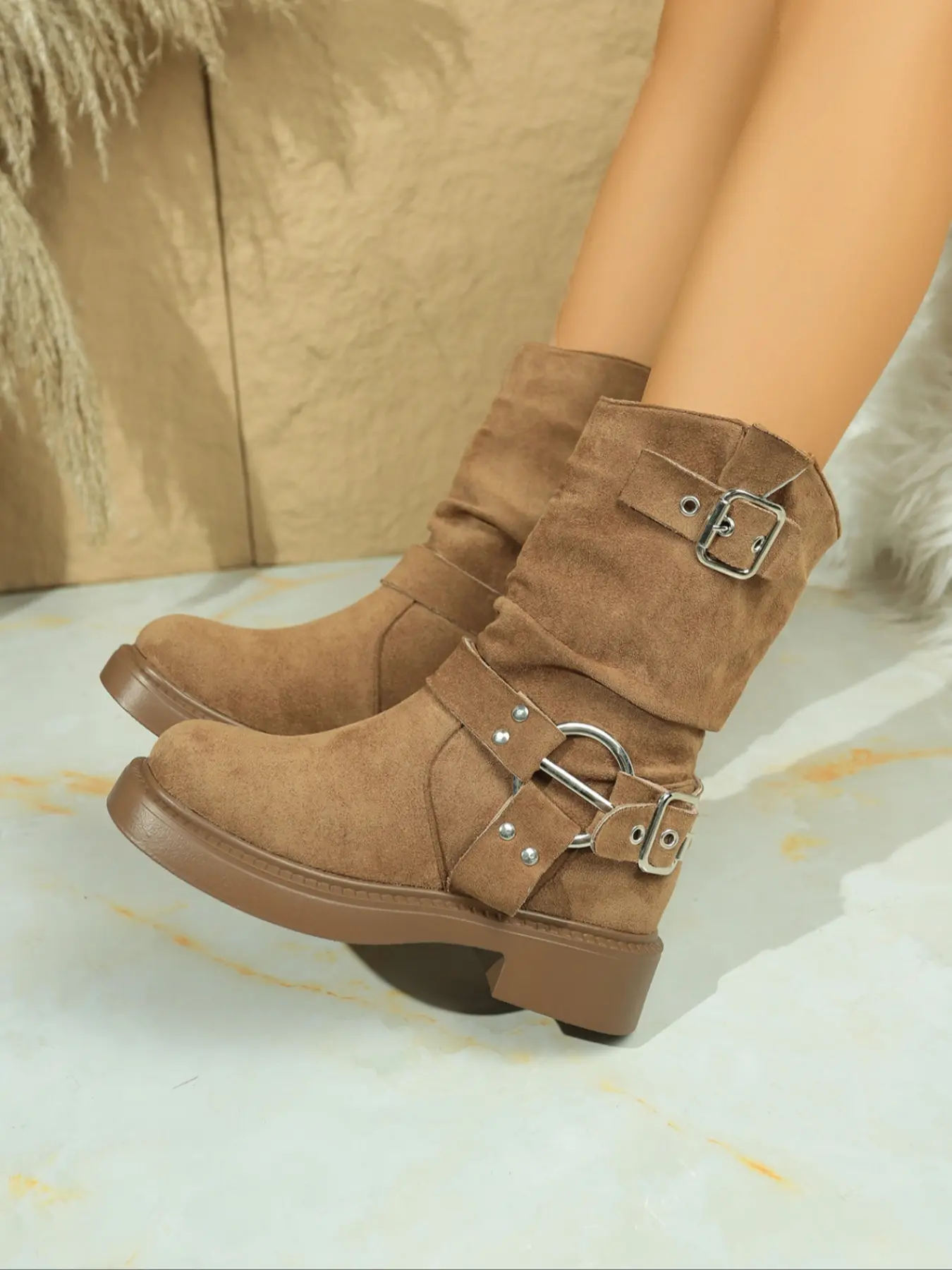 Ladies Polpaccio high-heeled knee riding boots, punk rock style motorcycle boots, slouchy boots, PU Leather Boots, Boot Heels, multi-button design buckle, durable and fashionable shoes, Rubber