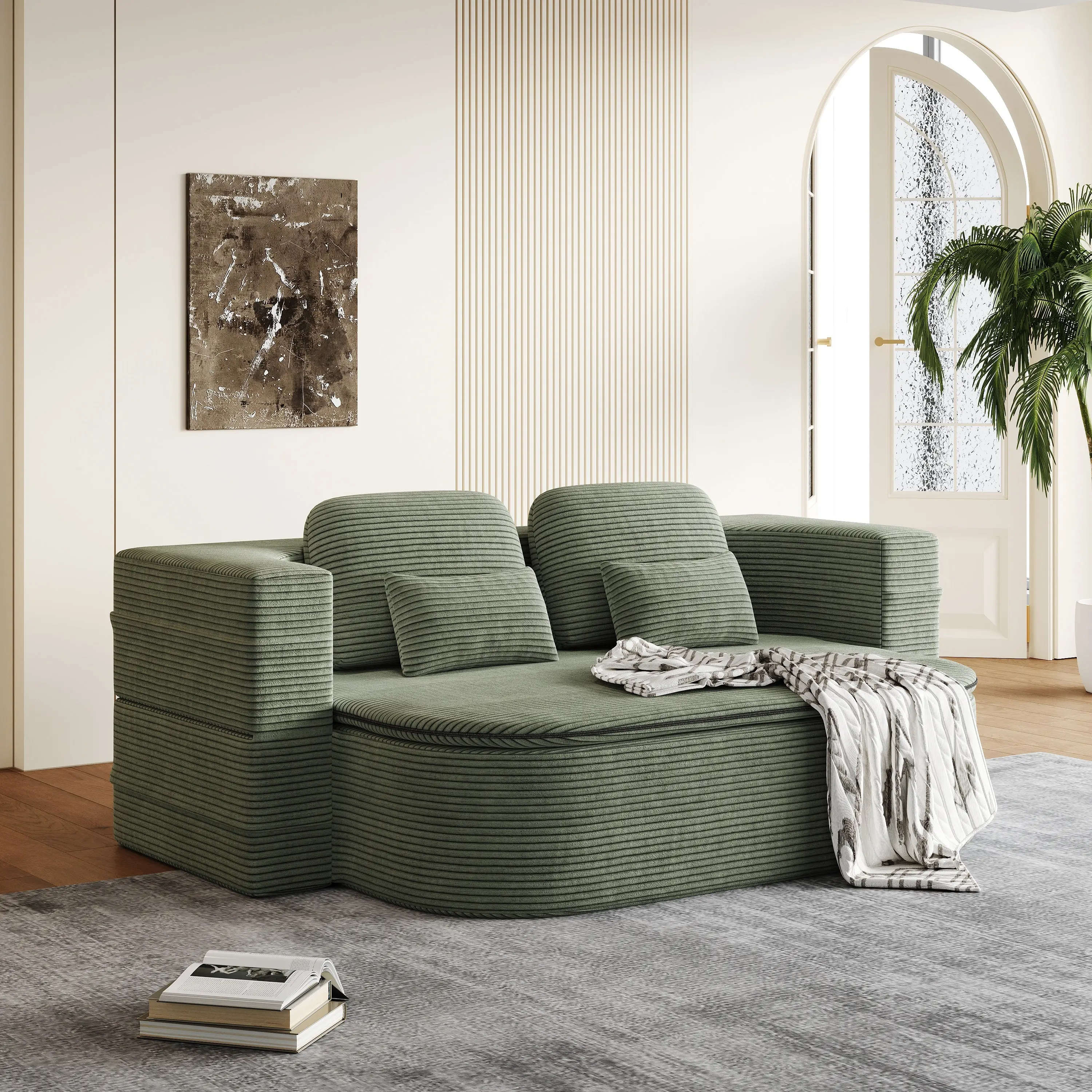 CloudRest Folding Sleeper Sofa Couch - 2-in-1 Modern Corduroy Floor Furniture, 75" Convertible Living Room Lounger with Blanket, Pre-Assembled - Beige, Grey Black, Olive Green
