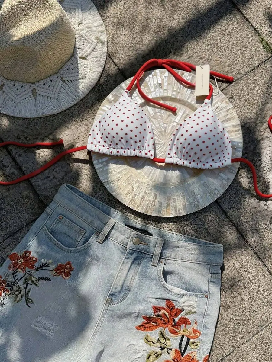 [All the Things 365] Women's Random Print Halter Bikini Top, Spring/Summer Elegant Cute Beach Red And White Polka Dot