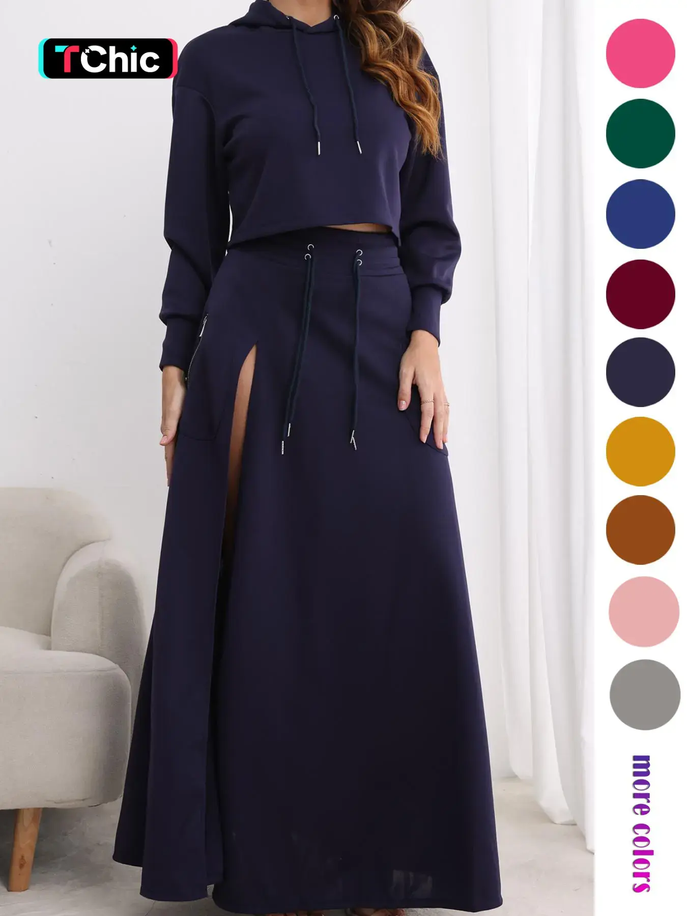 Women's Solid Knitting Drawstring Fit Hoodie & Split Thigh Skirt Set, Long Sleeve Top & Pocket Long Skirt, Casual Fashion Cozy Chic Elegance Co-ord Set, Women Clothes