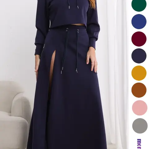 Women's Solid Knitting Drawstring Fit Hoodie & Split Thigh Skirt Set, Long Sleeve Top & Pocket Long Skirt, Casual Fashion Cozy Chic Elegance Co-ord Set, Women Clothes Elegant Set