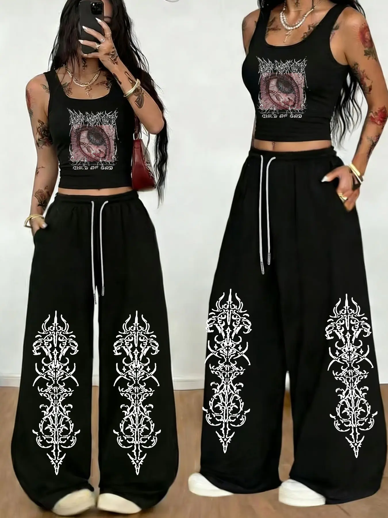 Two-piece women's Gothic-style printed short square-neck vest and wide-leg Adjustable pants set, Womenswear, Outfit, Y2K vintage distressed street style, suitable for parties, everyday casual, concerts, weekend outings, dark aesthetic print
