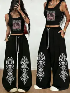 Women's gothic print athletic pants with an elastic drawstring waistband, loose fit, stylish, comfortable, and casual, suitable for everyday wear and exercise. Campus style.