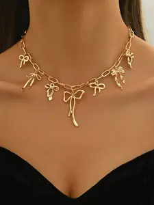Gold Bow Pendant Charm Necklace - Cute & Elegant Chain Jewelry for Women, Fashion Statement Gift, 40 cm + 5 cm Extender, Iron Alloy, Gold Plated, Multi-Element Style