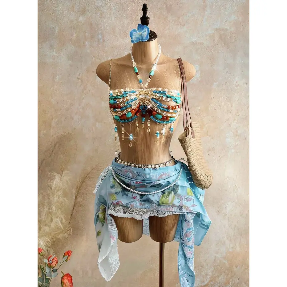 Womens Turquoise Crystal Beaded Halter Top | Sequin Rhinestone Crop Top | Sexy Boho Beach Vacation Party Outfit