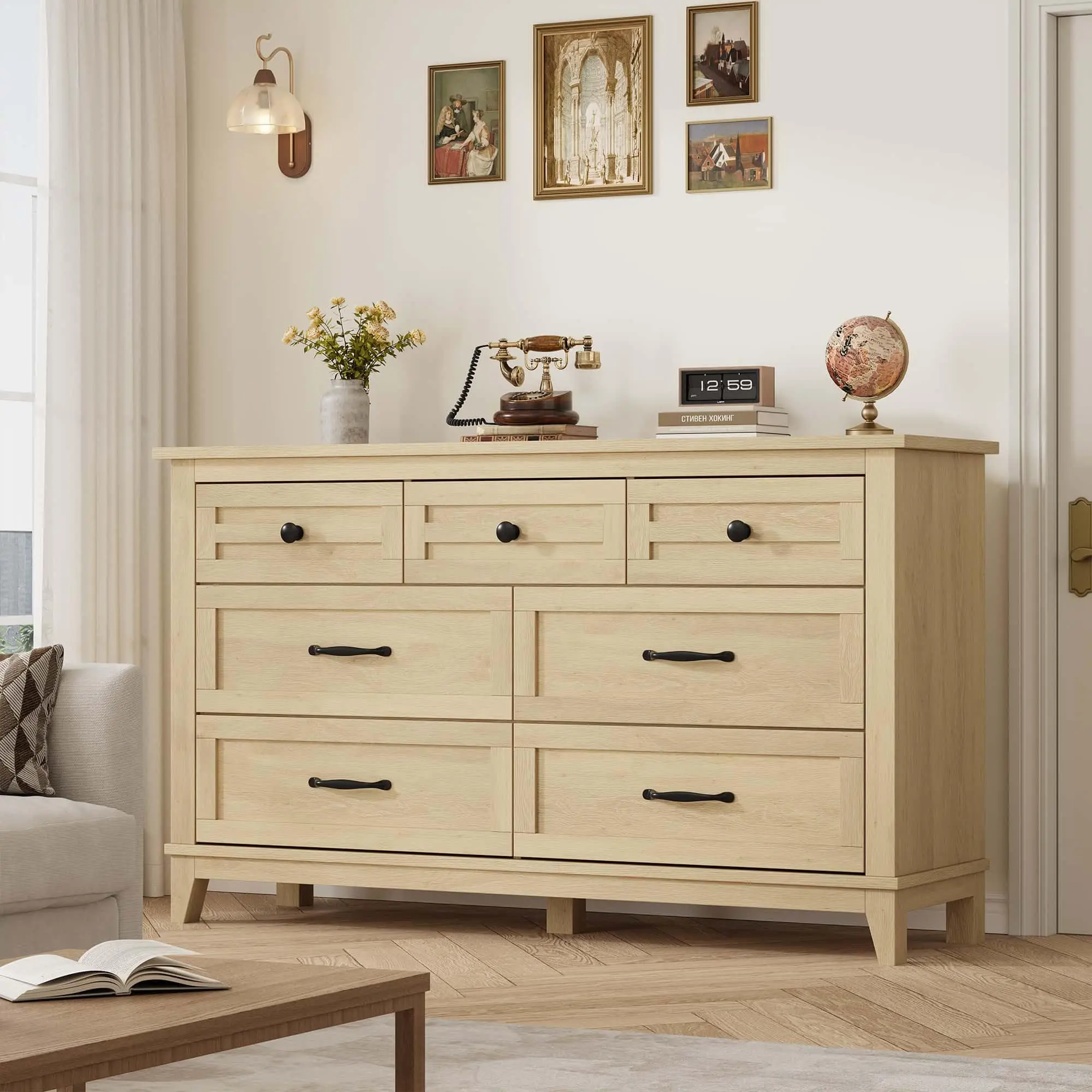 Wide 7 drawer walnut dresser features vertical modern look. Adjustable feet ensures stability, plenty room for household item storage.