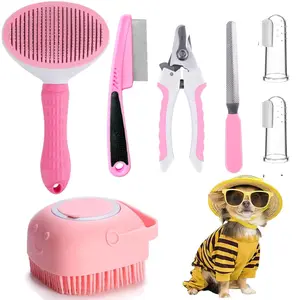 7 Pcs Cat Dog Brush Grooming Kits, Self-Cleaning Slicker Brush, Pet Nail Clipper and File, Flea Comb, Pet Shampoo Bath Brush, Pet Finger Toothbrush, Storage Bag (Pink)