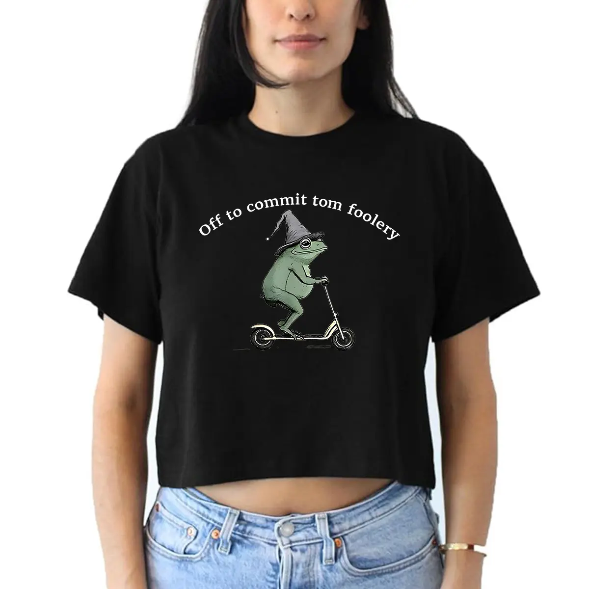 Off to Commit Tom Foolery crop tops women plus size graphic tee, Funny Graphic Tees, Whimsical Frog on Scooter Crop Shirt, Cottagecore Adventure Meme Top for Girls