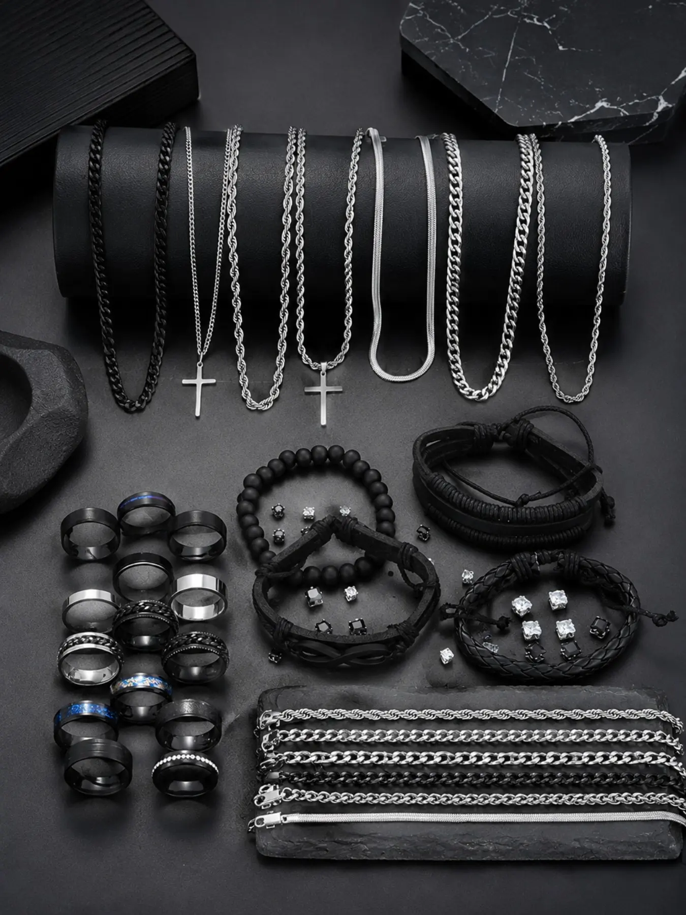 54-Piece Men's Western Jewelry Set, Punk Style Zircon Earrings, PU Leather Bracelet, Stainless Steel Ring, Casual All-Season Gift Set, Trendy Jewelry Set