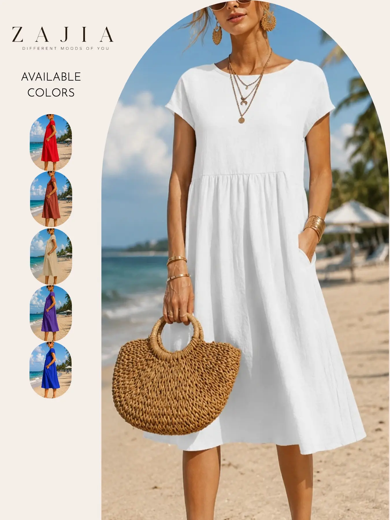 2026 Women Summer Cotton Linen Gauze Breathable Dress, Loose Casual Wear Beach Vacation Midi Dress, Flowy with Pockets, Solid Color, Casual Beach Sundress