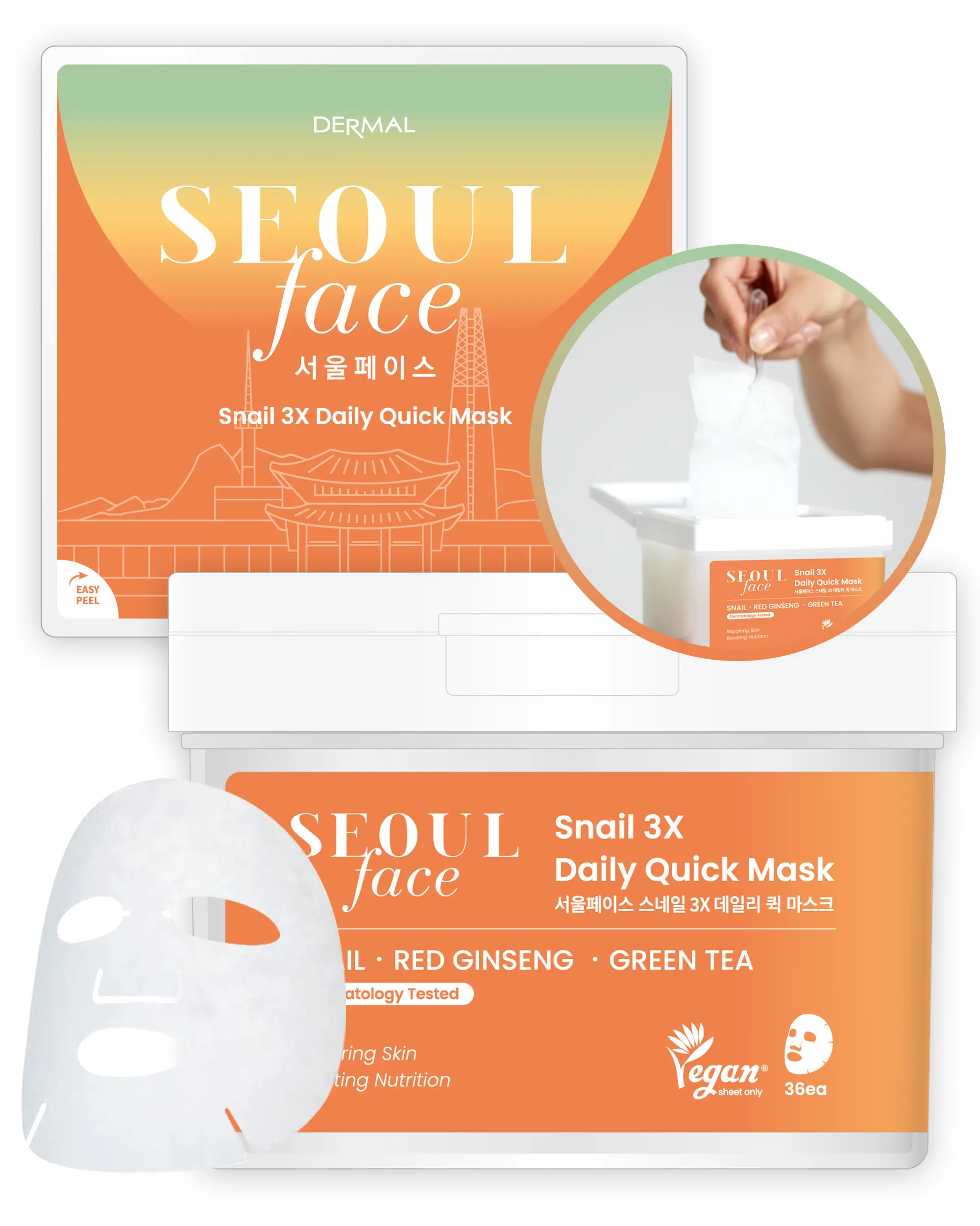 DERMAL Seoul Face Snail 3X Daily Quick Mask 36 Sheet – Korean Skincare Vegan Tencel Facial Masks - Skin Repairing, Anti Aging Face Mask Sheets with Ginseng Root, Green Tea Leaf Extract