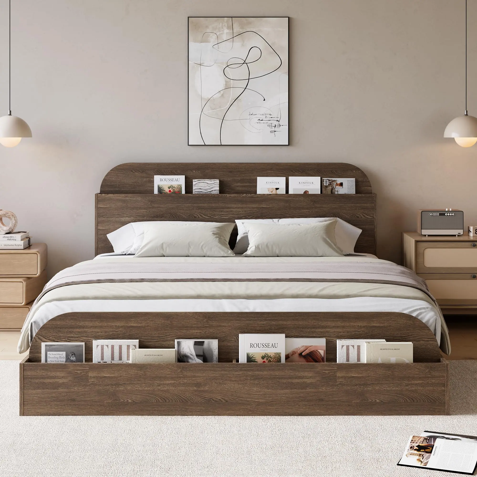 Garvee Full Platform Bed with Elevated Feeding Board, Storage Headboard, and Wooden Frame - Ideal for Bedroom Use